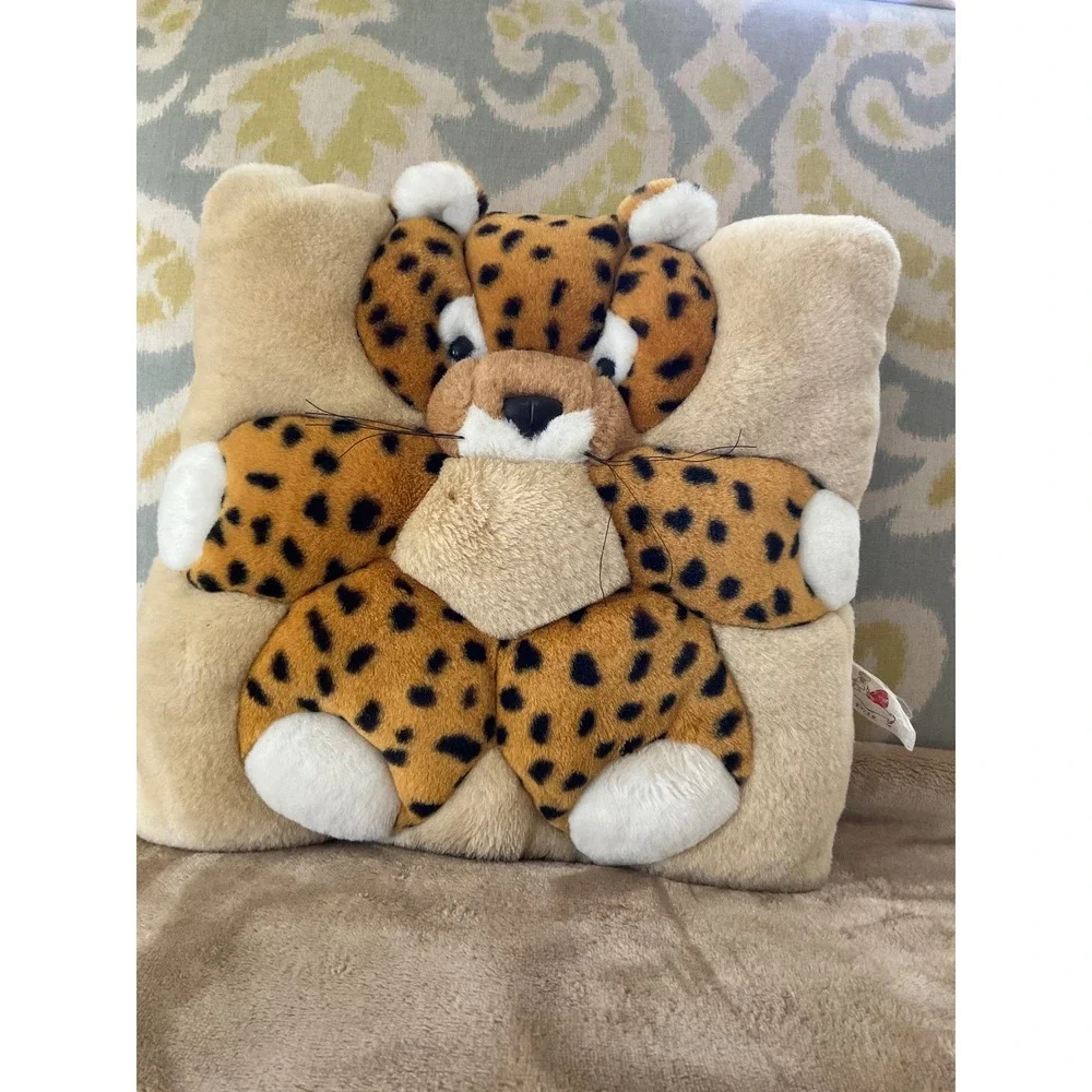 Vintage 1998 Angel Toy Corp Leopard Cheetah Plush Pillow 3D Animal Square 11in